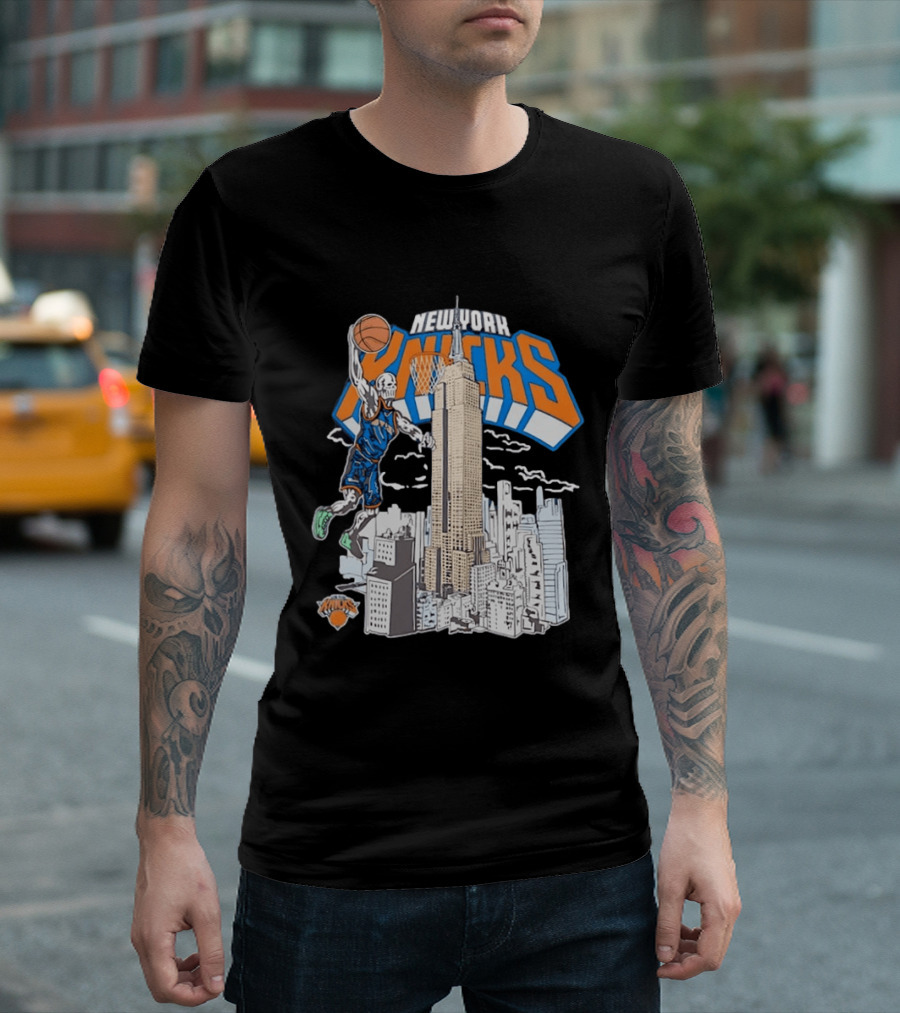 New York Knicks Skeleton Basketball Player Empire State Building Slam Dunk NBA T-Shirt