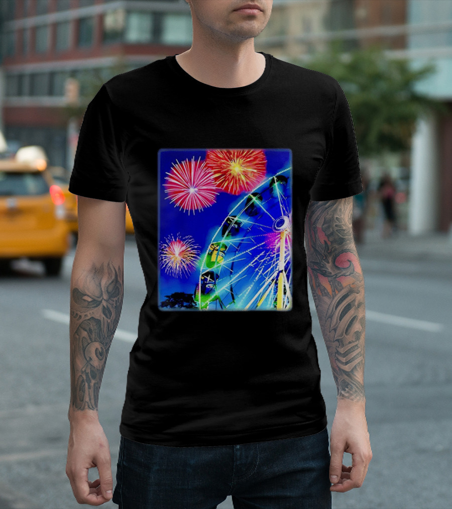 Ferris Wheel Fireworks Night Display Blue Sky T-Shirt