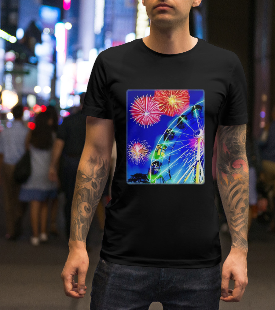 Ferris Wheel Fireworks Night Display Blue Sky T-Shirt