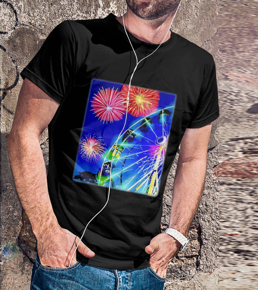 Ferris Wheel Fireworks Night Display Blue Sky T-Shirt