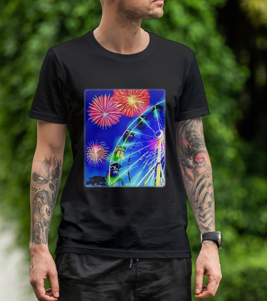 Ferris Wheel Fireworks Night Display Blue Sky T-Shirt