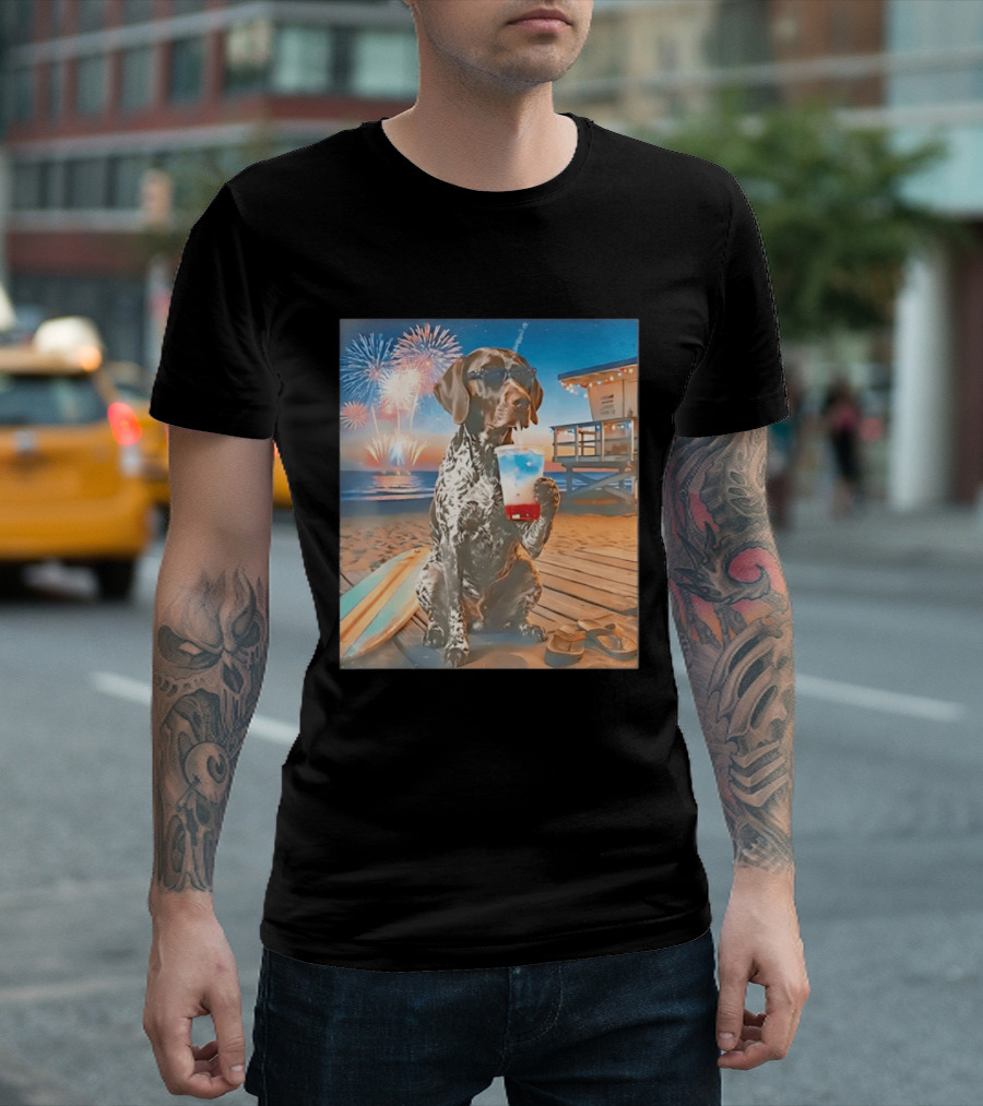 German Shorthaired Pointer Fourth Of July Fireworks Beach Party Surfboard Scene T-Shirt
