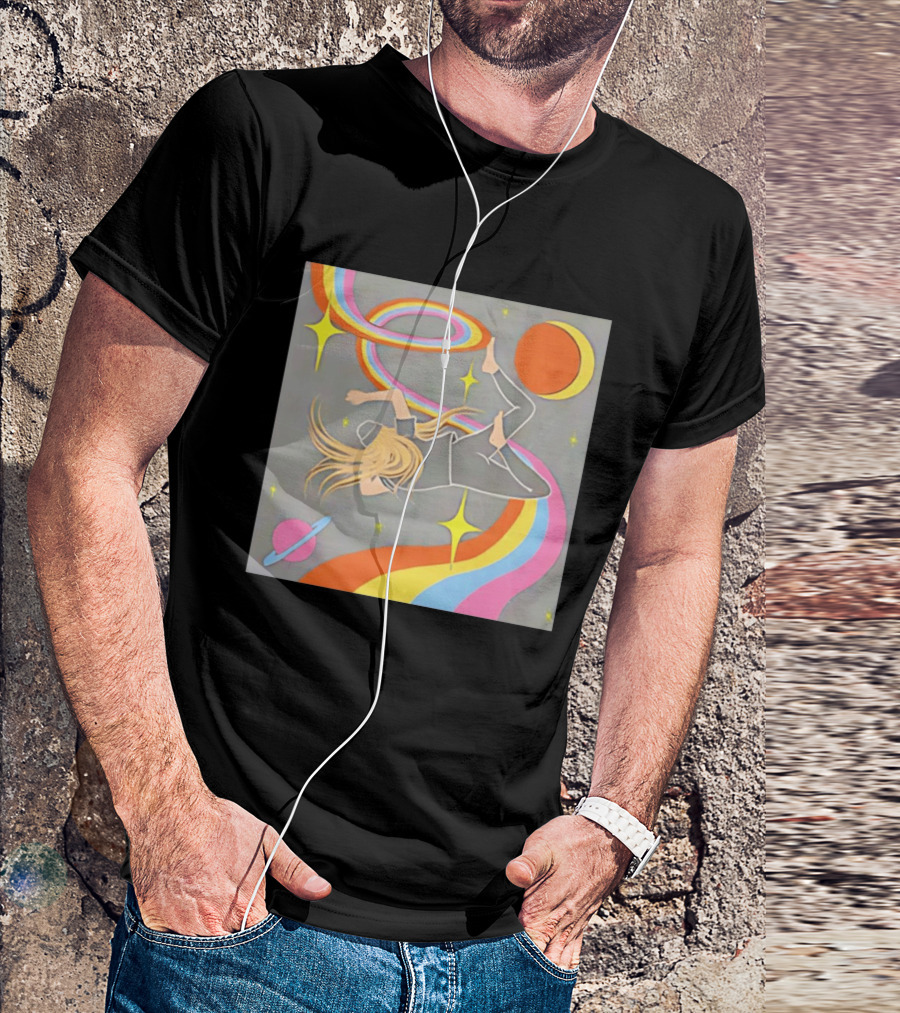 Rainbow Swirl Stars Crescent Moon Planet Orbit Cosmos Night Galaxy T-Shirt