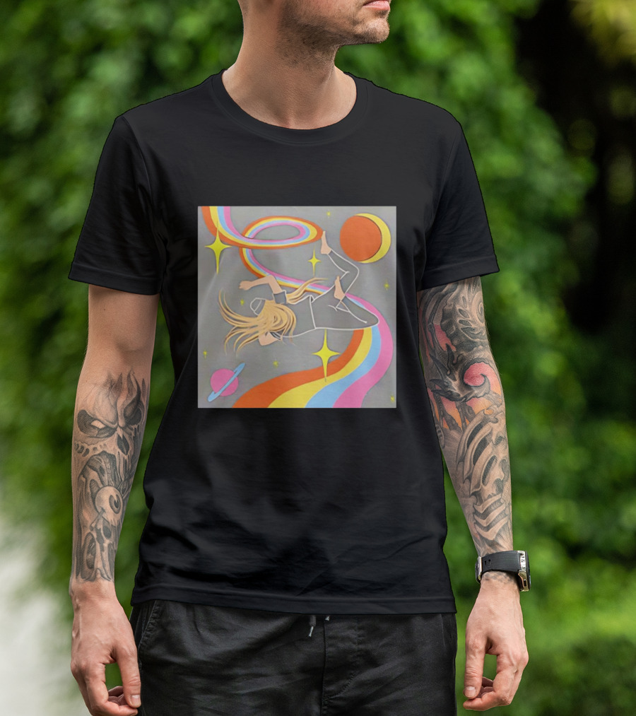 Rainbow Swirl Stars Crescent Moon Planet Orbit Cosmos Night Galaxy T-Shirt