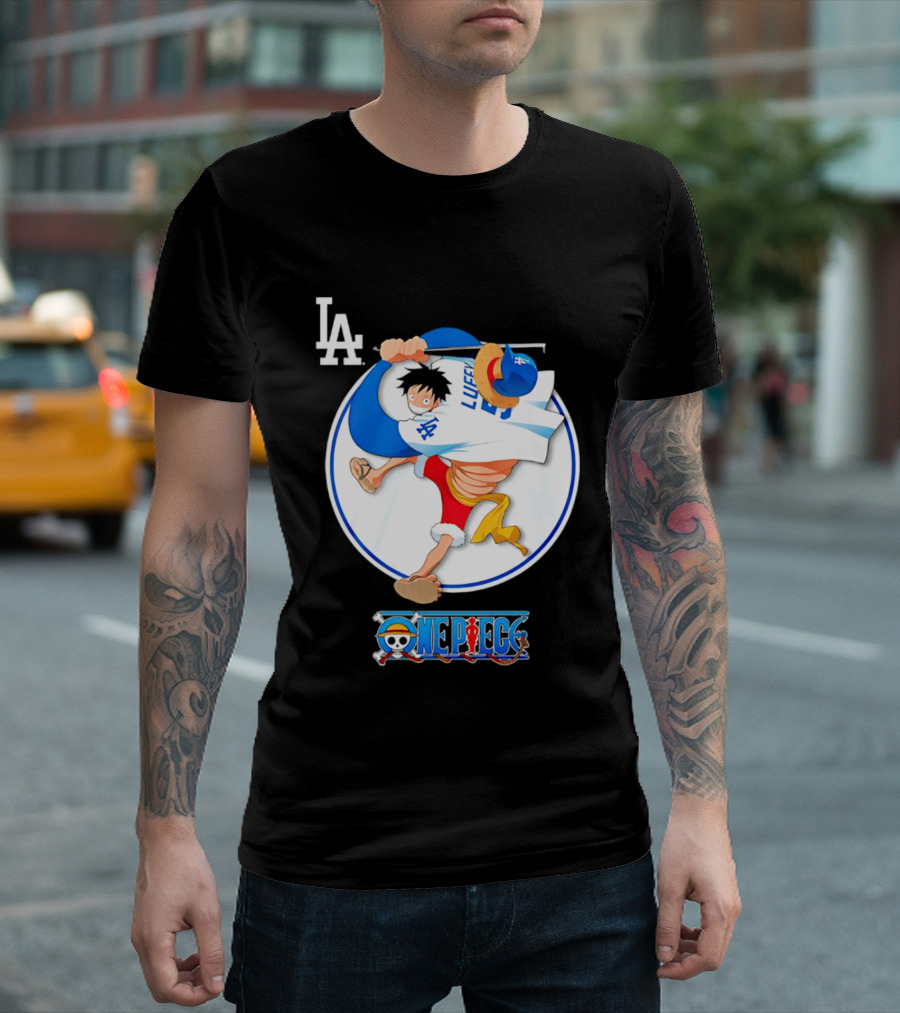 Los Angeles Dodgers Luffy OnePiece Collaboration With LA Logo And One Piece Branding T-Shirt