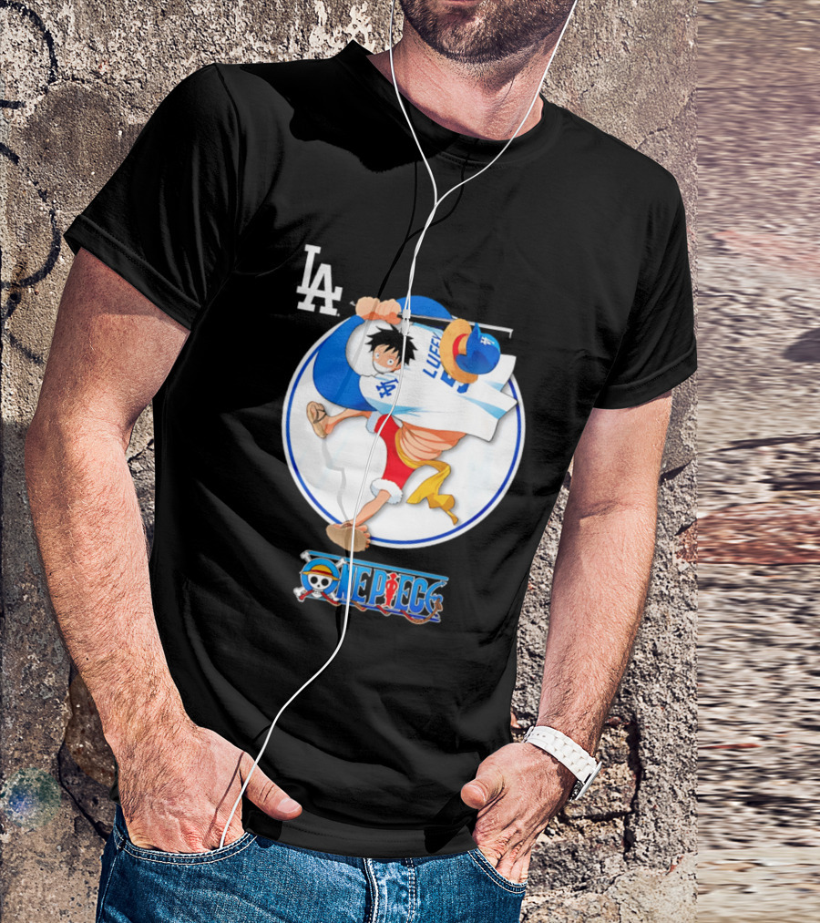 Los Angeles Dodgers Luffy OnePiece Collaboration With LA Logo And One Piece Branding T-Shirt