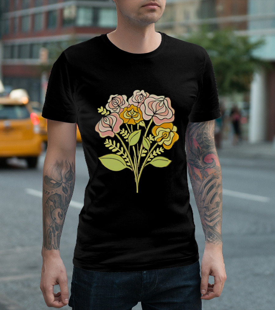 Pink Roses Yellow Roses Leaves Stems Bloom Blossom Petal Flower Plant T-Shirt