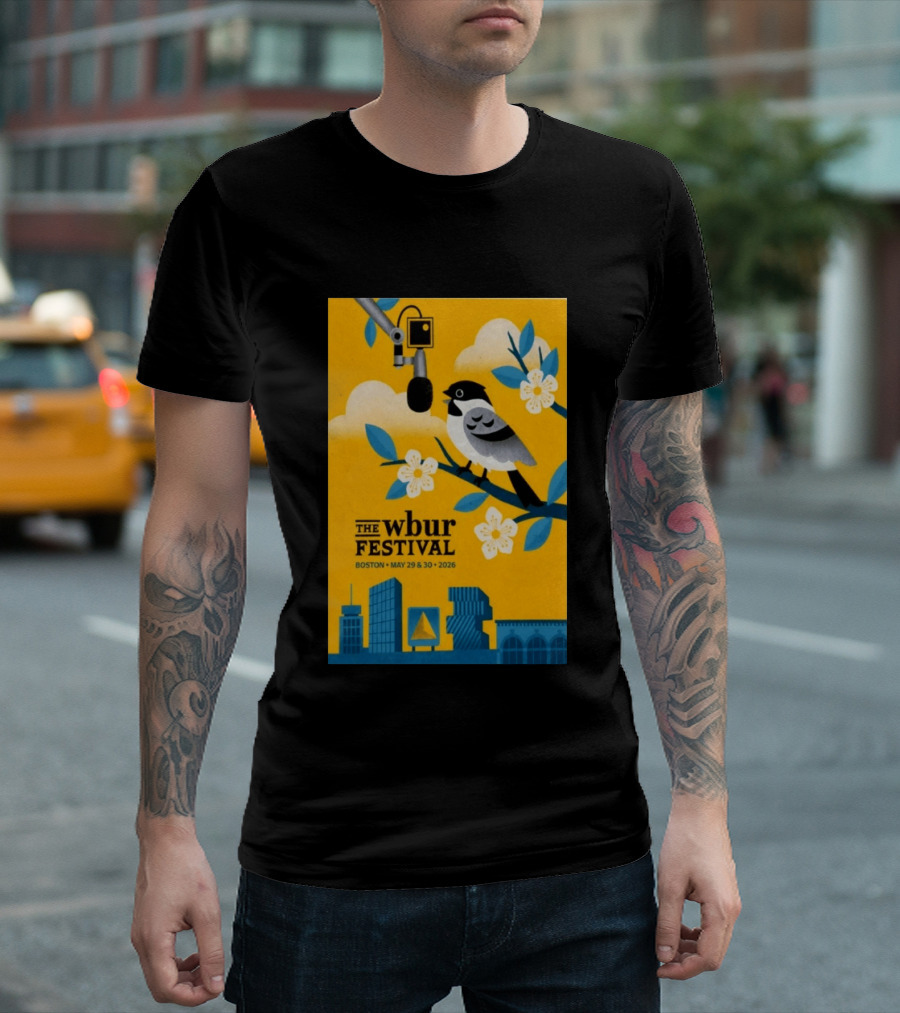 The Wbur Festival Boston 2026 Yellow Bird Microphone Urban Skyline T-Shirt