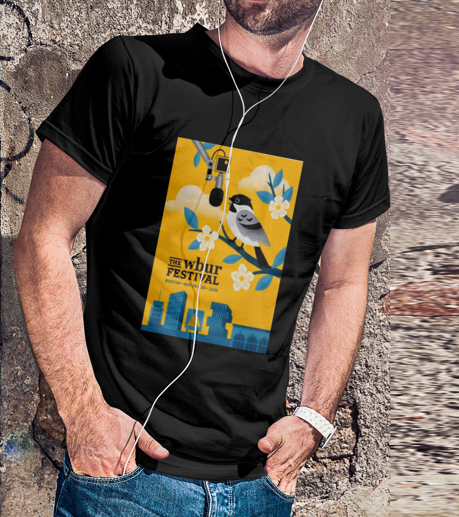 The Wbur Festival Boston 2026 Yellow Bird Microphone Urban Skyline T-Shirt