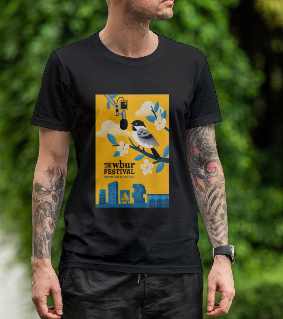 The Wbur Festival Boston 2026 Yellow Bird Microphone Urban Skyline T-Shirt