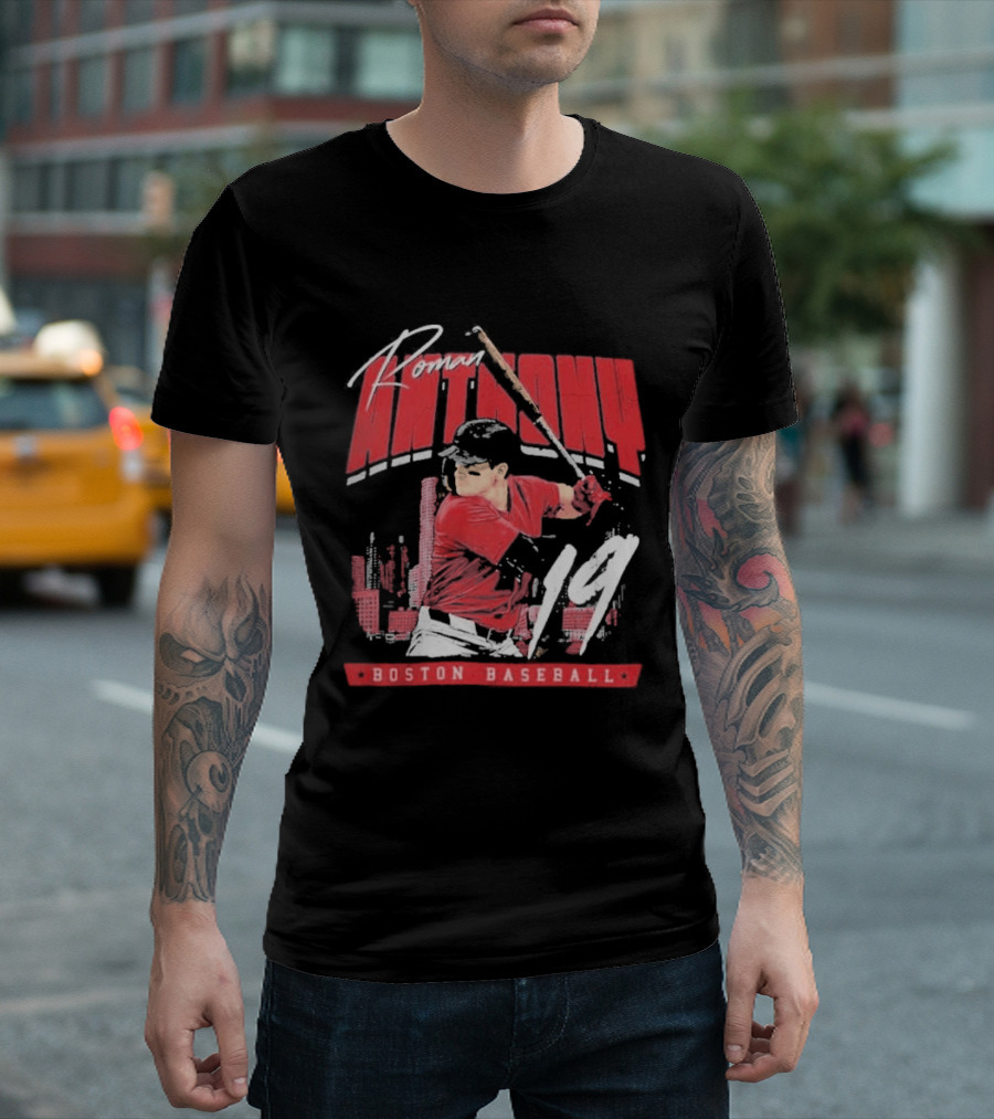 Roman Anthony 19 Boston Baseball Skyline Batting Scene T-Shirt