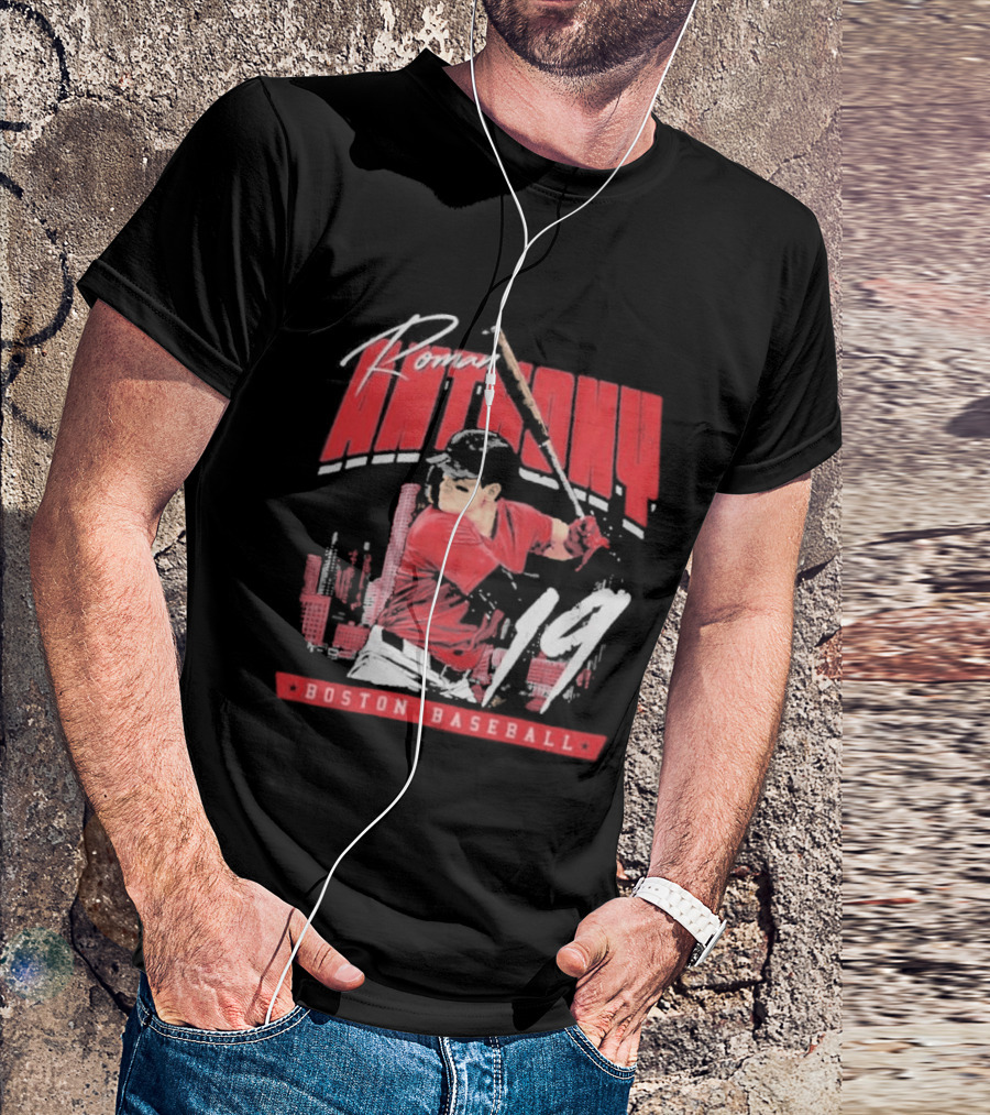 Roman Anthony 19 Boston Baseball Skyline Batting Scene T-Shirt