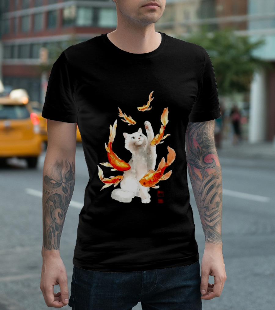 Playful White Cat Surrounded By Goldfish T-Shirt