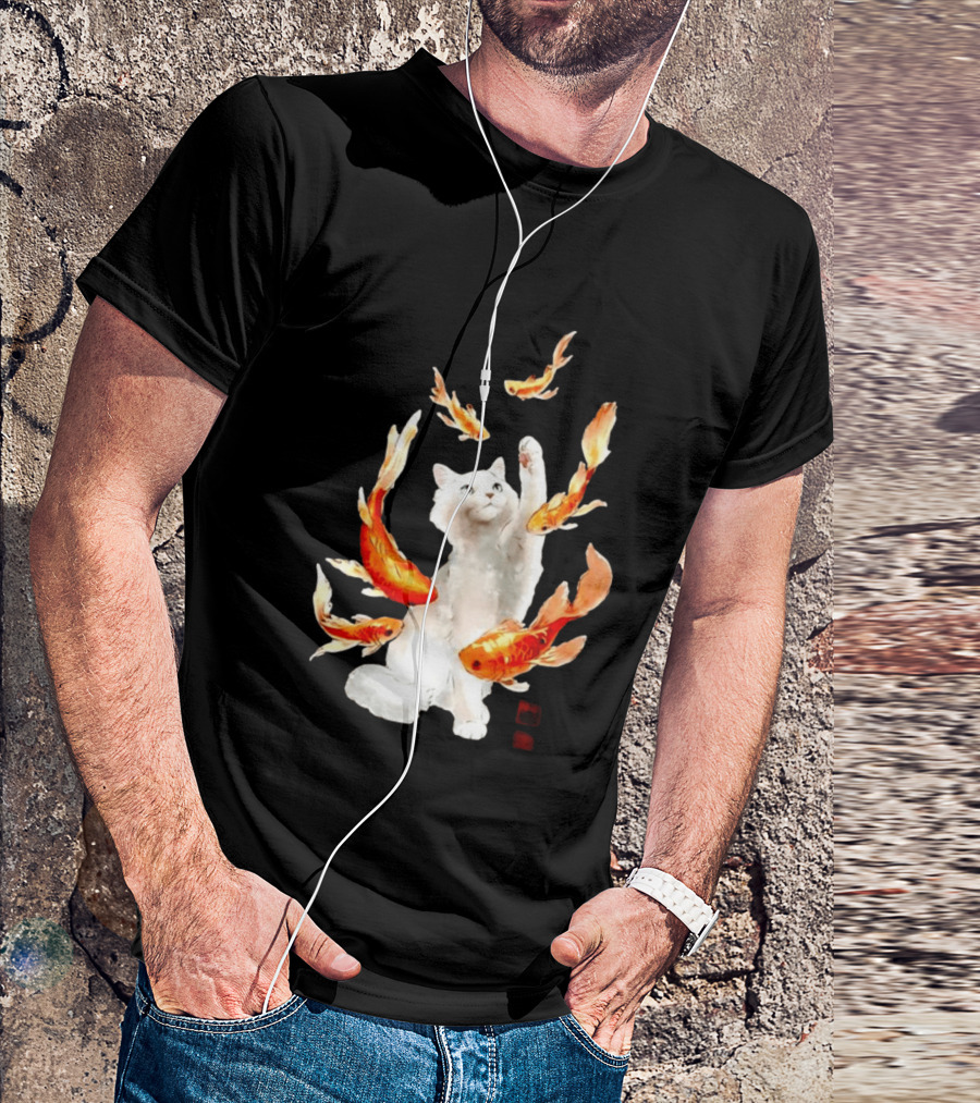 Playful White Cat Surrounded By Goldfish T-Shirt