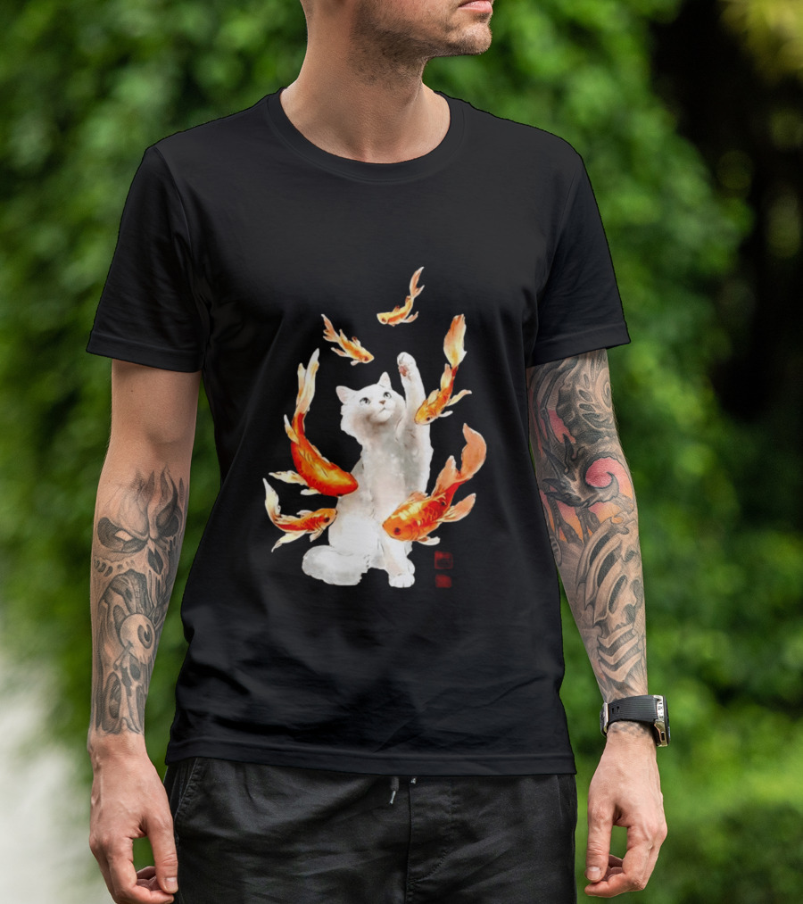 Playful White Cat Surrounded By Goldfish T-Shirt
