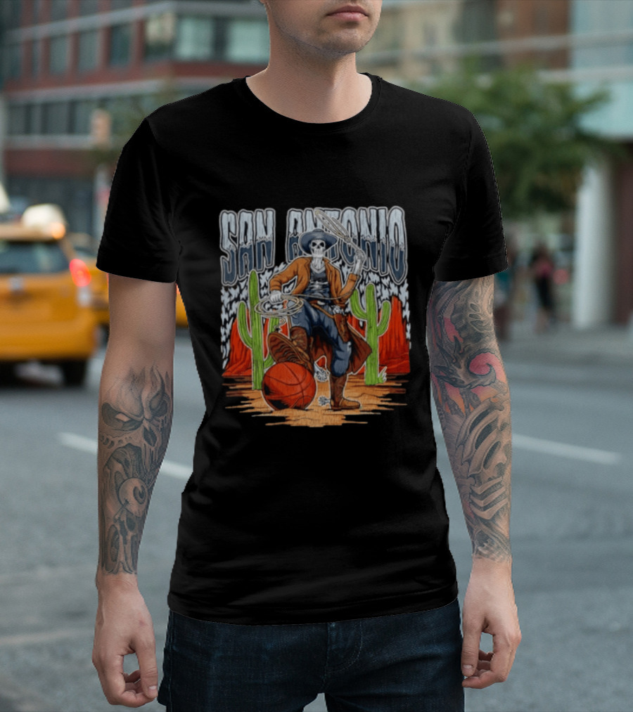 San Antonio Skeleton Cowboy With Basketball And Cactus Scene T-Shirt