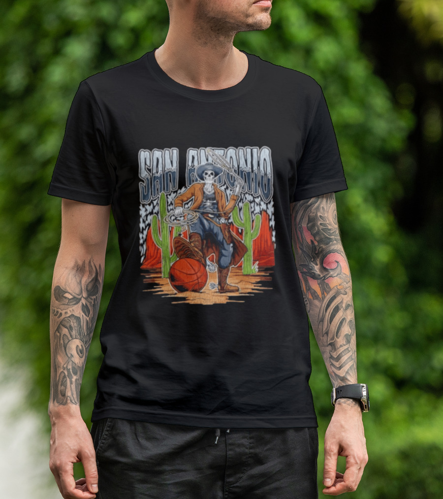 San Antonio Skeleton Cowboy With Basketball And Cactus Scene T-Shirt