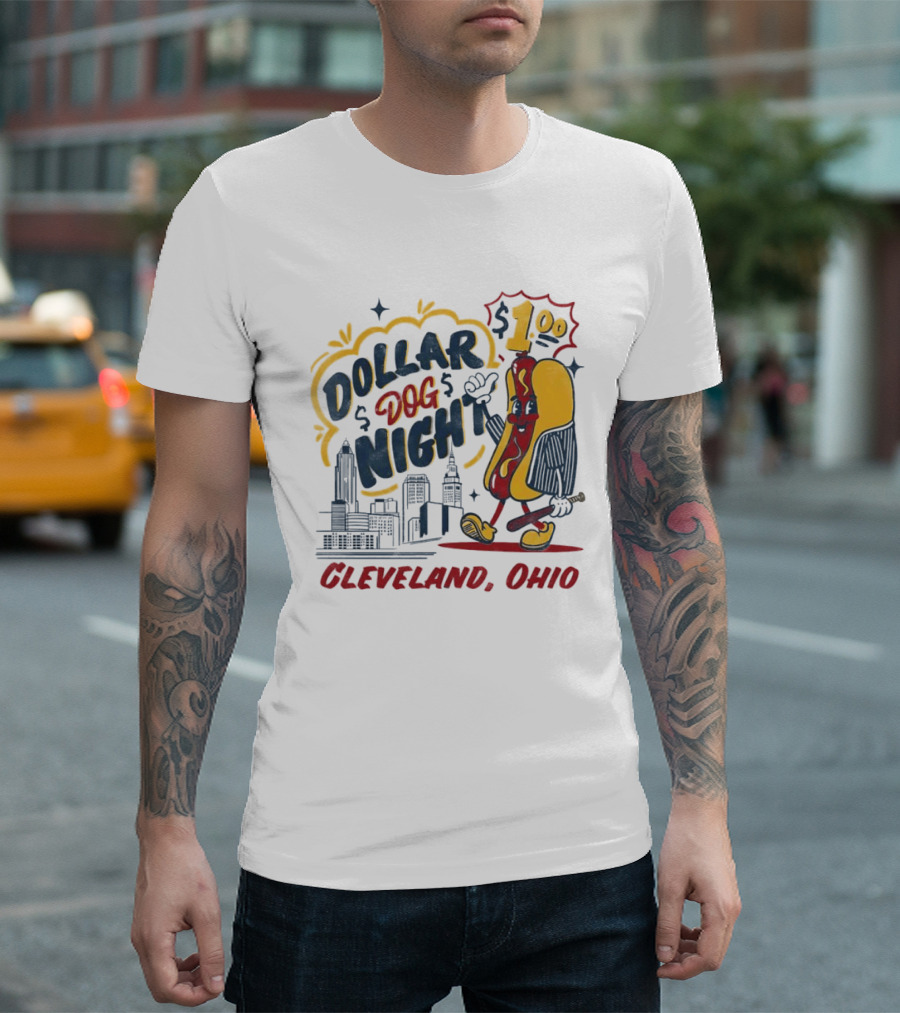 Cleveland Ohio Dollar Dog Night Baseball Skyline Hot Dog 1 Dollar T-Shirt