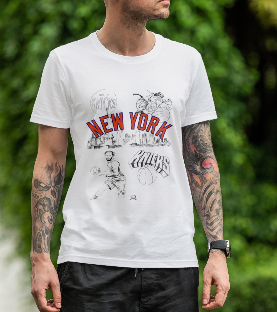 New York Knicks Skyline Basketball Player Graphic Cityscape Iconic Landmarks T-Shirt