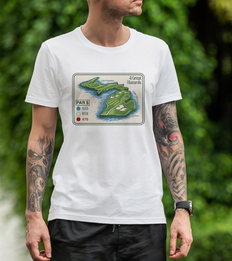Michigan Golf Par 5 Course Map With 4 Great Hazards Lake Superior Huron Erie T-Shirt