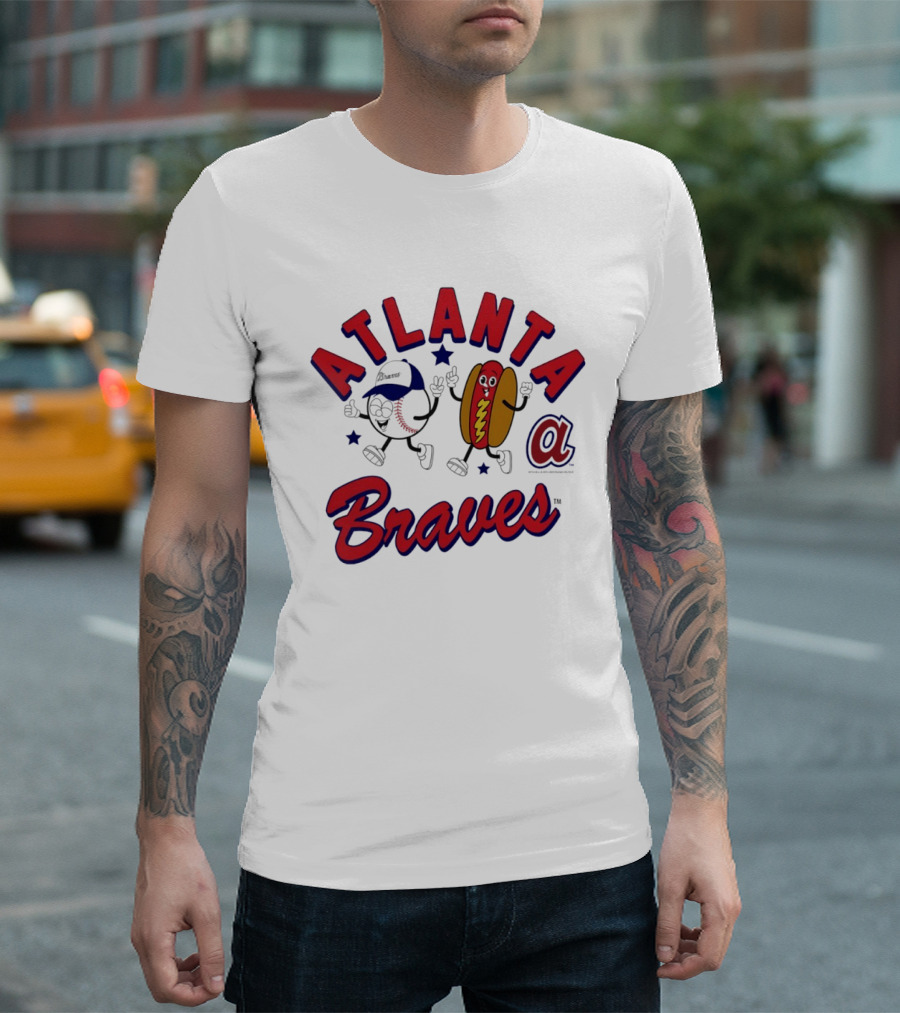 Atlanta Braves Baseball Character With Hot Dog Snack And Team Spirit T-Shirt