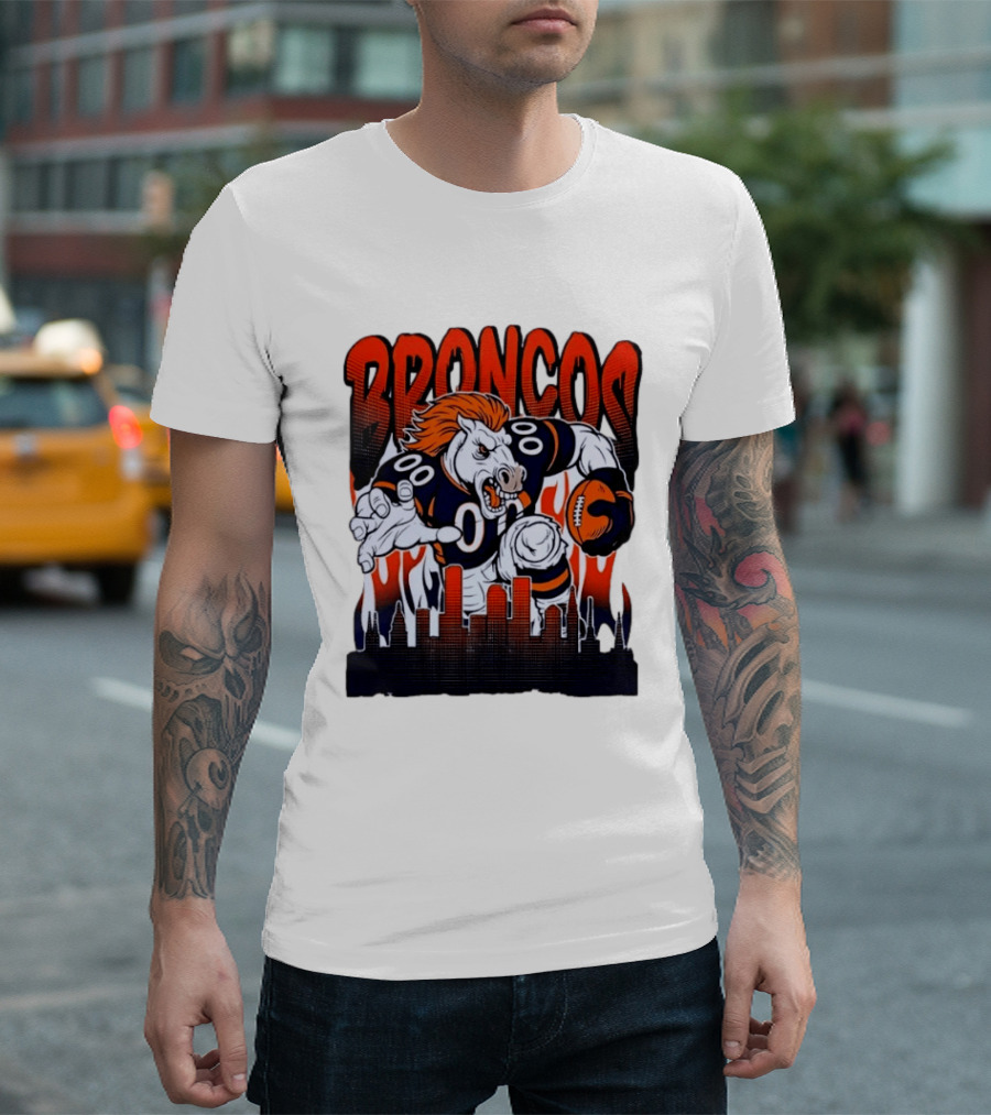 Denver Broncos Football Bronco Running Horse Skyline T-Shirt