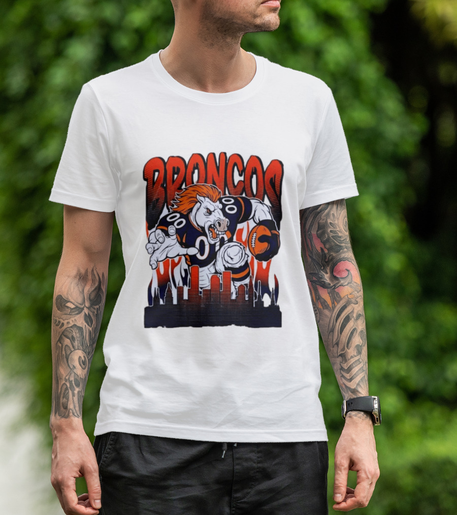 Denver Broncos Football Bronco Running Horse Skyline T-Shirt