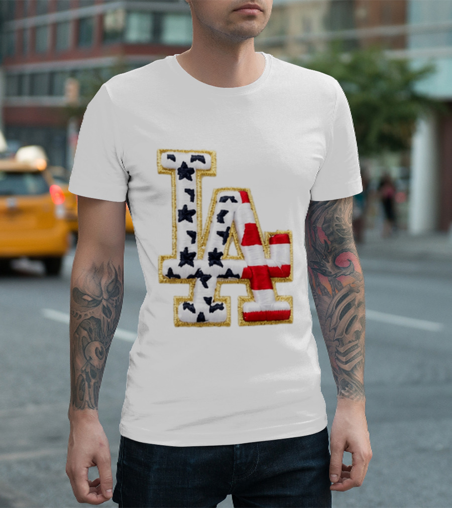Dodgers LA 250th Anniversary Stars And Stripes Gold Trim Patch T-Shirt