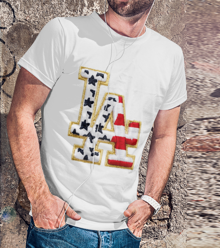 Dodgers LA 250th Anniversary Stars And Stripes Gold Trim Patch T-Shirt
