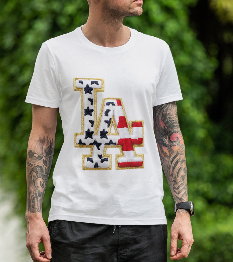 Dodgers LA 250th Anniversary Stars And Stripes Gold Trim Patch T-Shirt