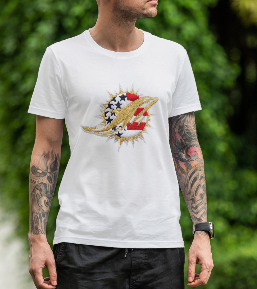 Sure, Here's The Revised Title: "Miami Dolphins USA Flag Patch America 250 Stars Stripes T-Shirt