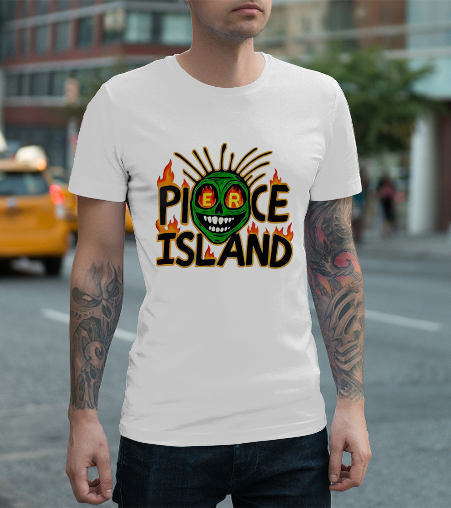 Pierce Island Green Skull Flames Spooky Island T-Shirt
