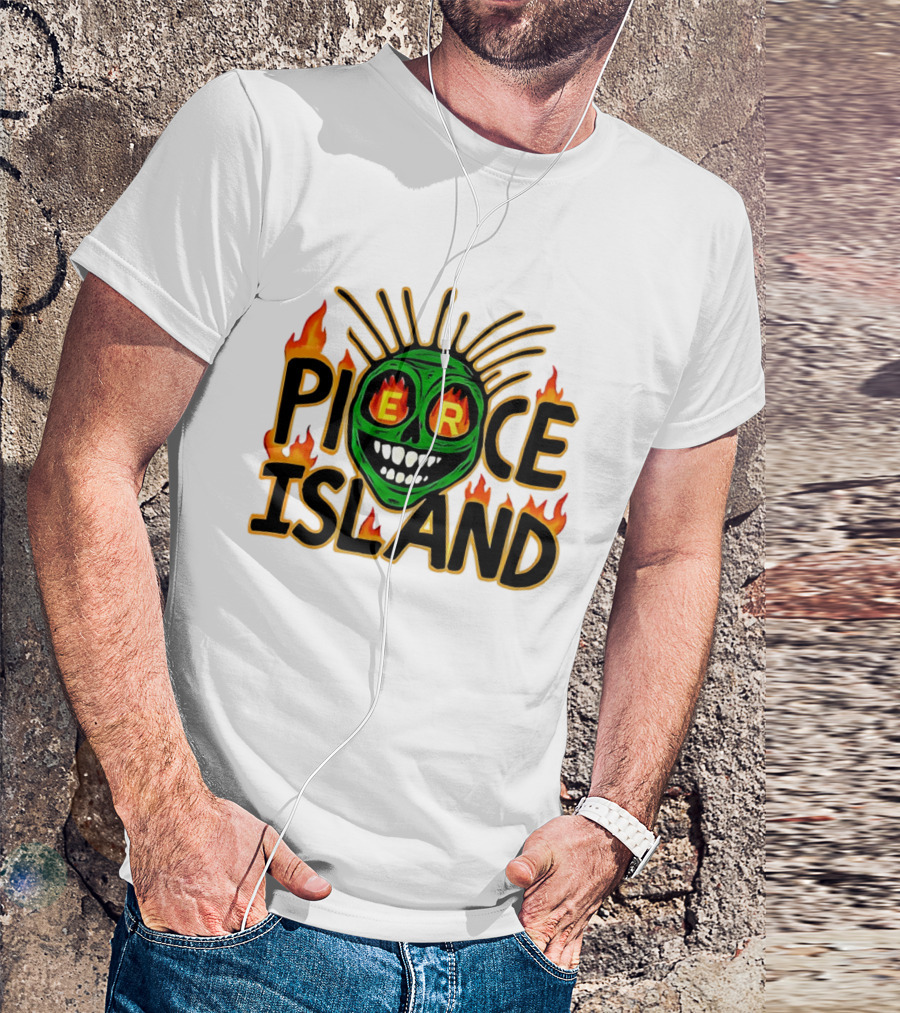 Pierce Island Green Skull Flames Spooky Island T-Shirt