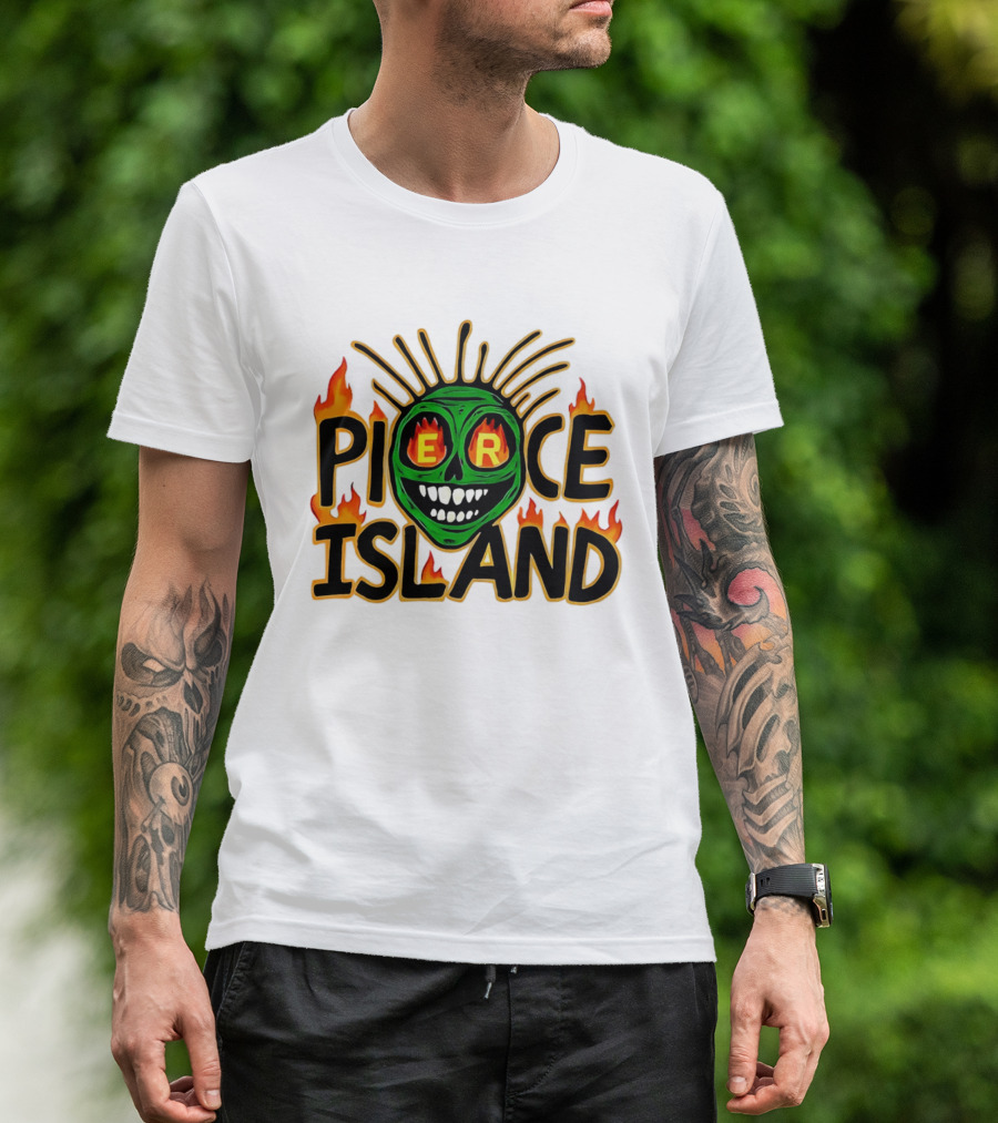 Pierce Island Green Skull Flames Spooky Island T-Shirt