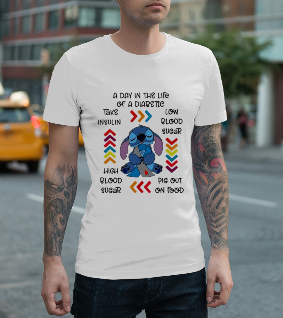 A Day In The Life Of A Diabetic Stitch Lilo And Stitch Diabetes Awareness Take Insulin Low Blood Sugar High Blood Sugar Pig Out On Food T-Shirt