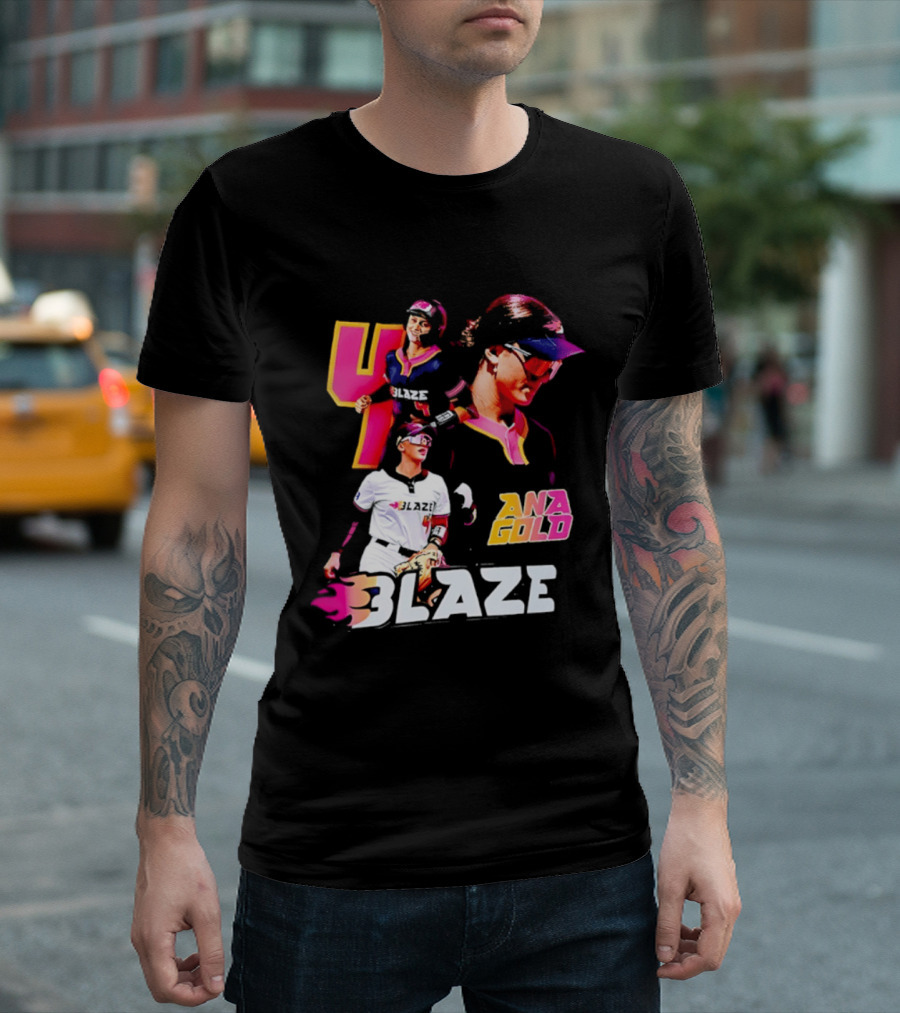Blaze Ana Gold Softball Player Number 4 Action Collage T-Shirt