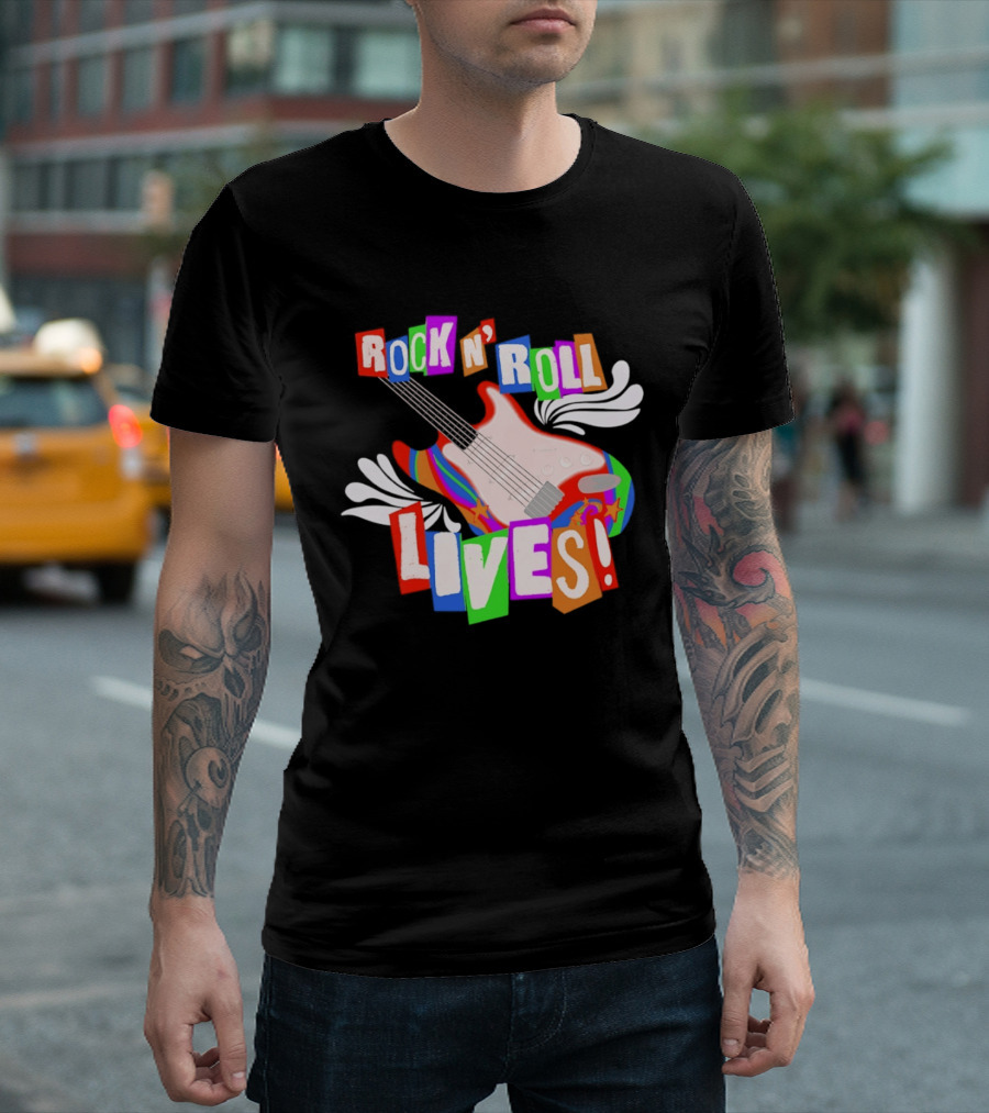 Rock N' Roll Lives Colorful Electric Guitar T-Shirt