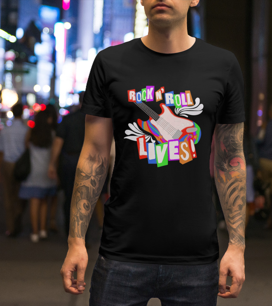 Rock N' Roll Lives Colorful Electric Guitar T-Shirt