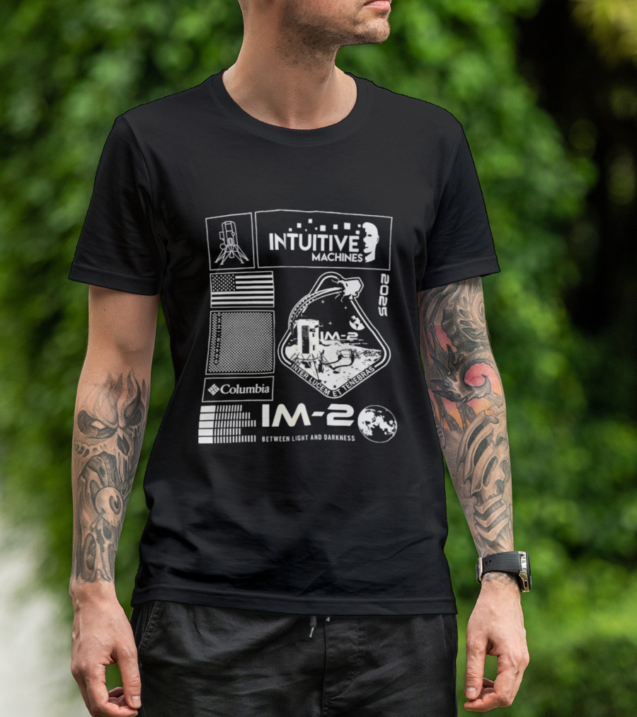 Intuitive Machines IM 2 Columbia 2025 Between Light And Darkness Moon Mission Lunar Module USA Flag T-Shirt