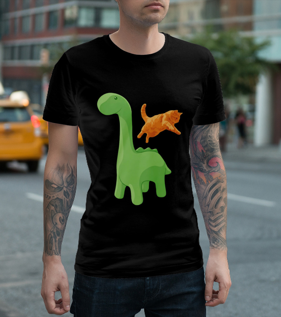 Cat Jumping Over Green Dinosaur Cartoon Image T-Shirt
