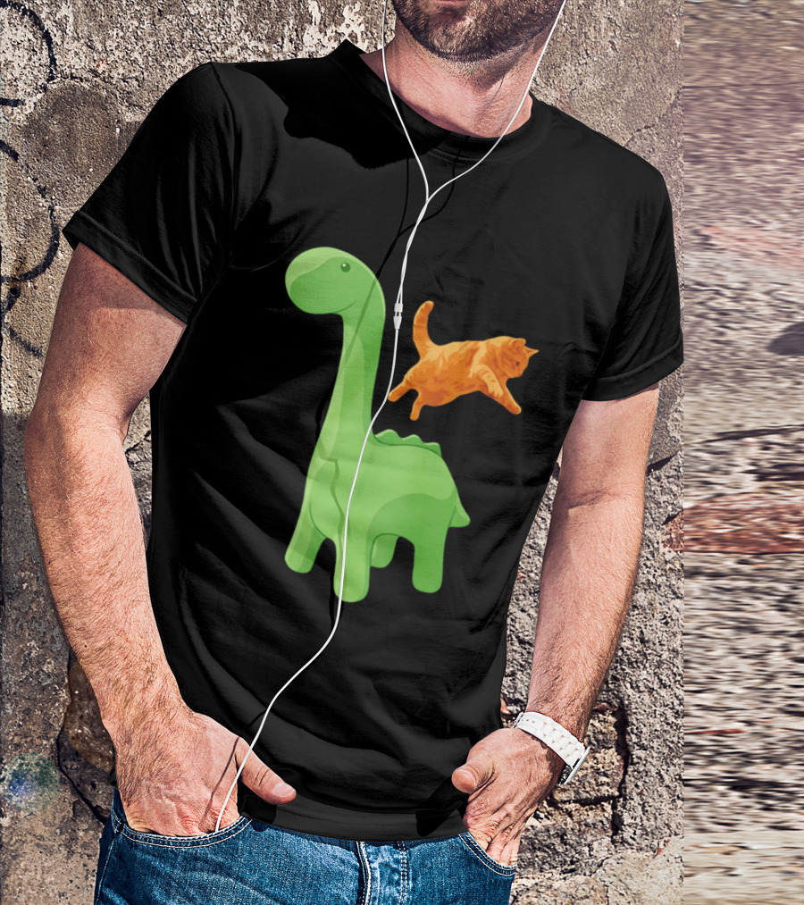 Cat Jumping Over Green Dinosaur Cartoon Image T-Shirt