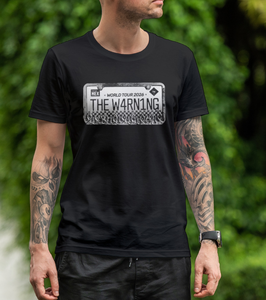 The W4RN1NG World Tour 2026 License Plate Checkered Flames T-Shirt