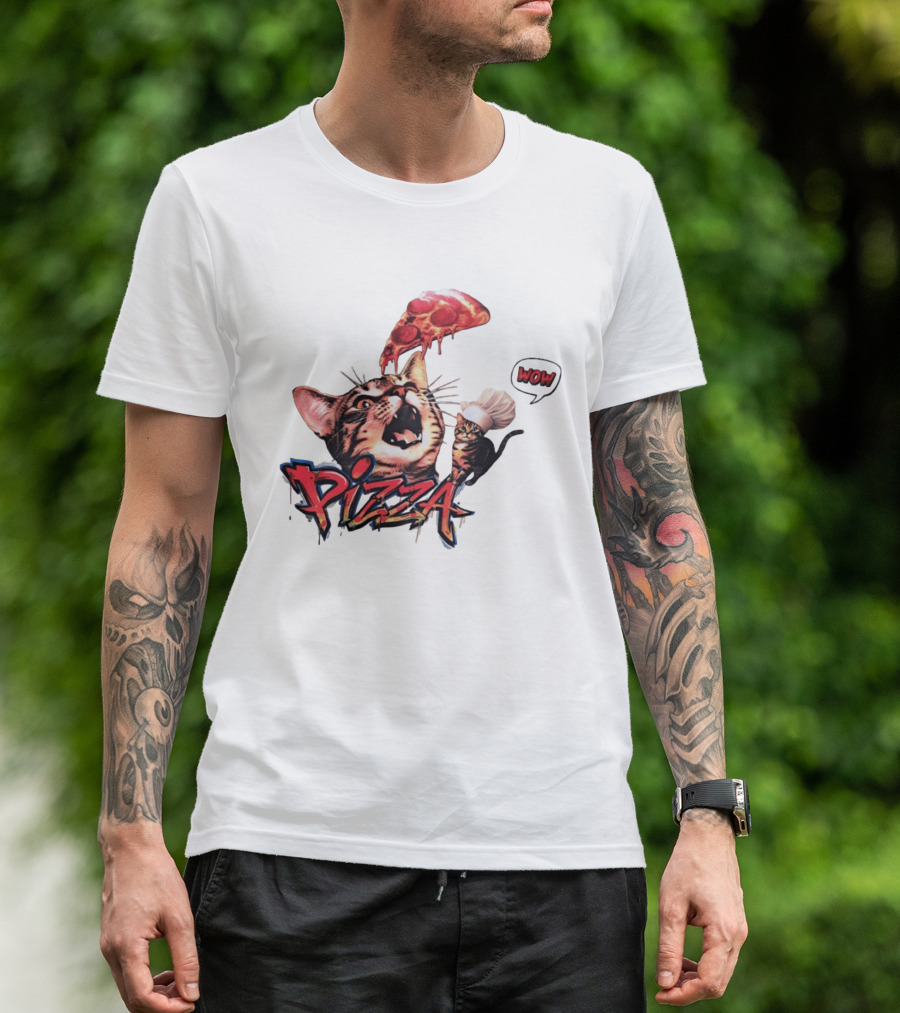 Pizza Cat Wow Chef Graffiti Culinary Delight T-Shirt