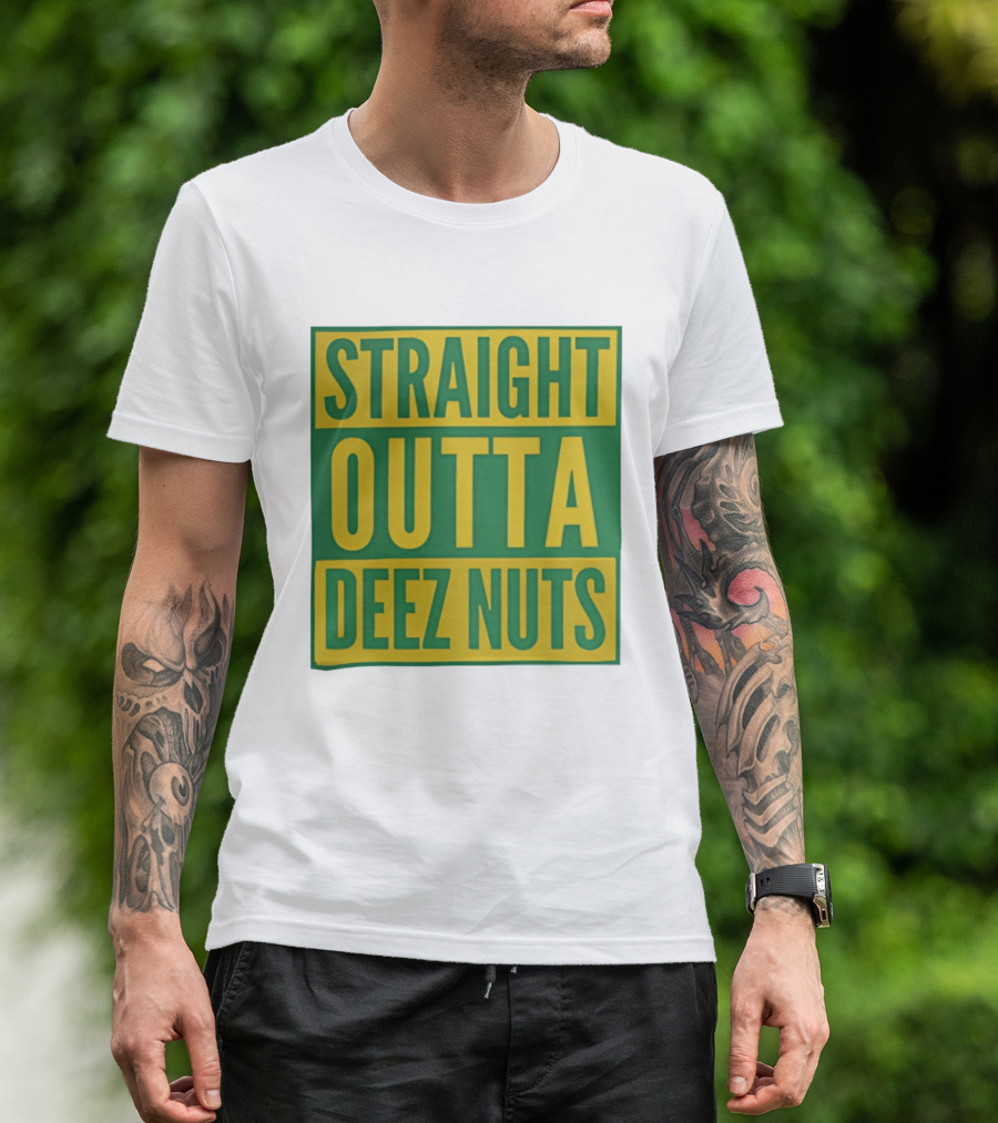 Straight Outta Deez Nuts Bold Yellow Green Block Letters T-Shirt