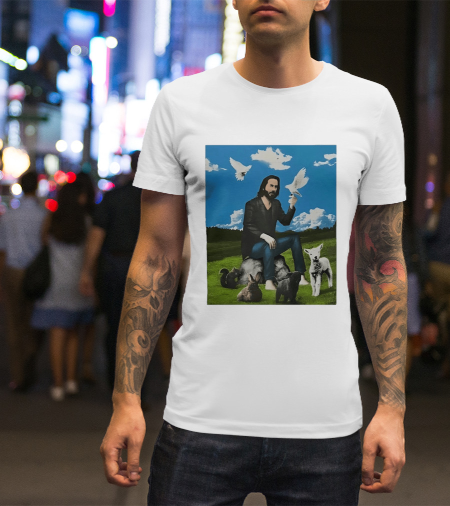 Keanu Reeves Peaceful Meadow With Animals And Doves T-Shirt