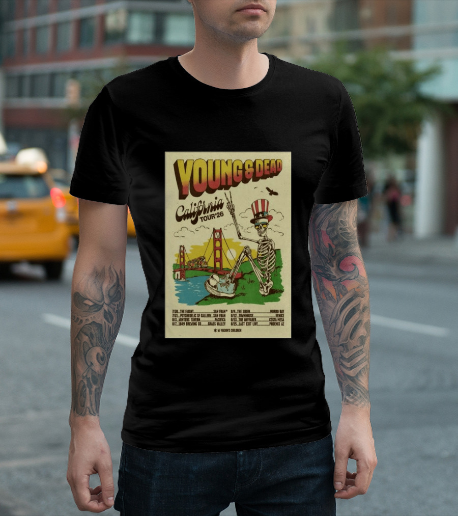 Young And Dead California Tour 2026 Vintage Skeleton Golden Gate Bridge T-Shirt