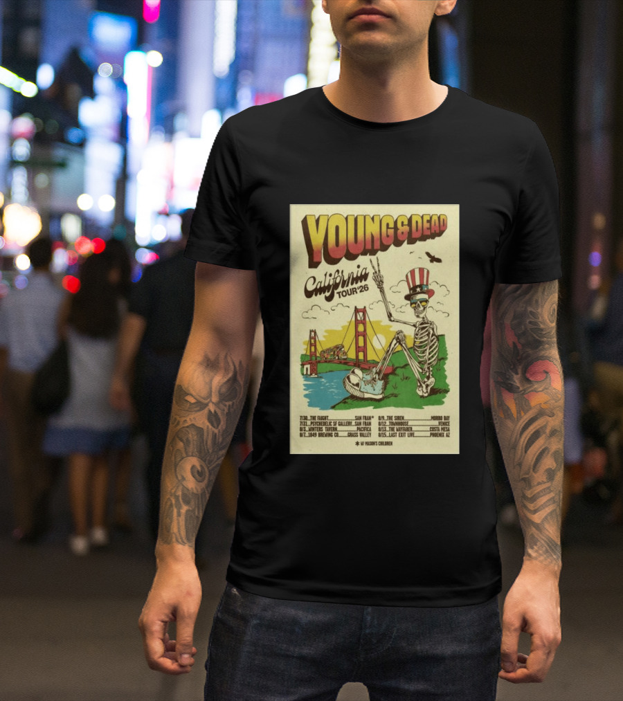 Young And Dead California Tour 2026 Vintage Skeleton Golden Gate Bridge T-Shirt