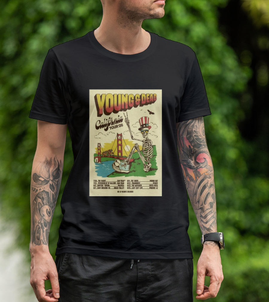 Young And Dead California Tour 2026 Vintage Skeleton Golden Gate Bridge T-Shirt
