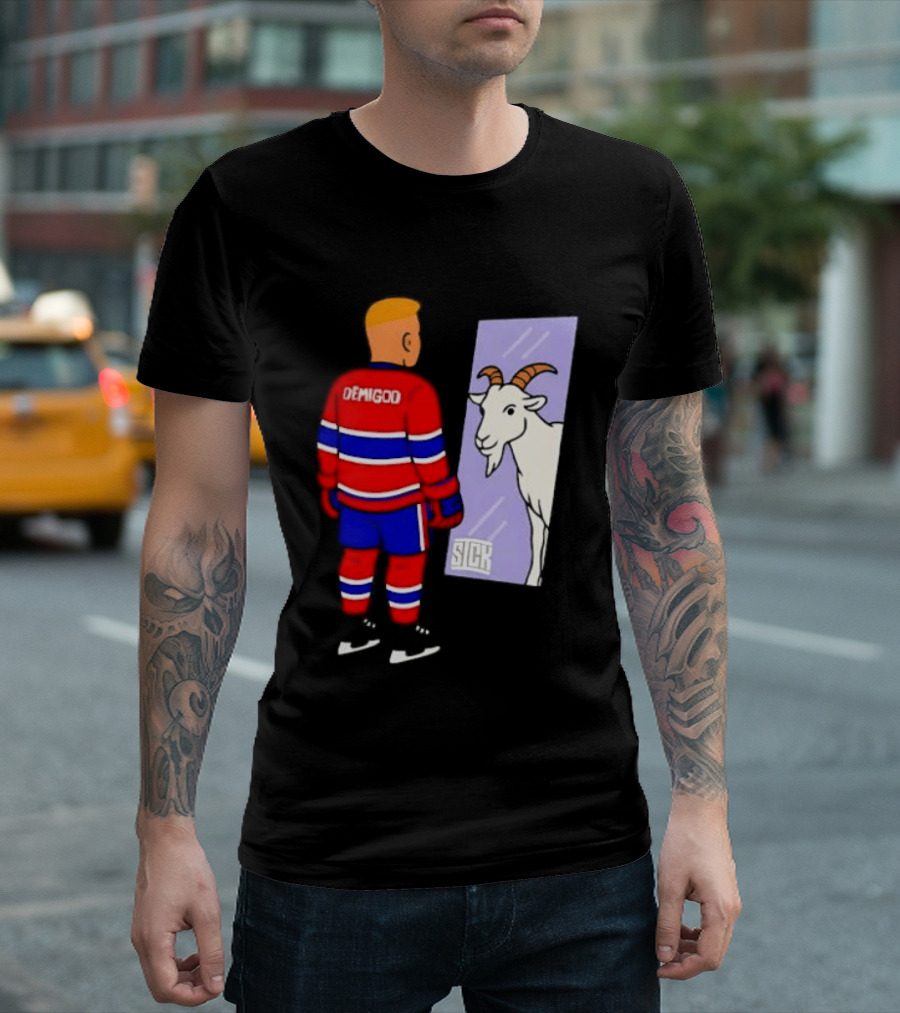 Demigod Hockey Player Looking In Mirror With Goat Reflection T-Shirt