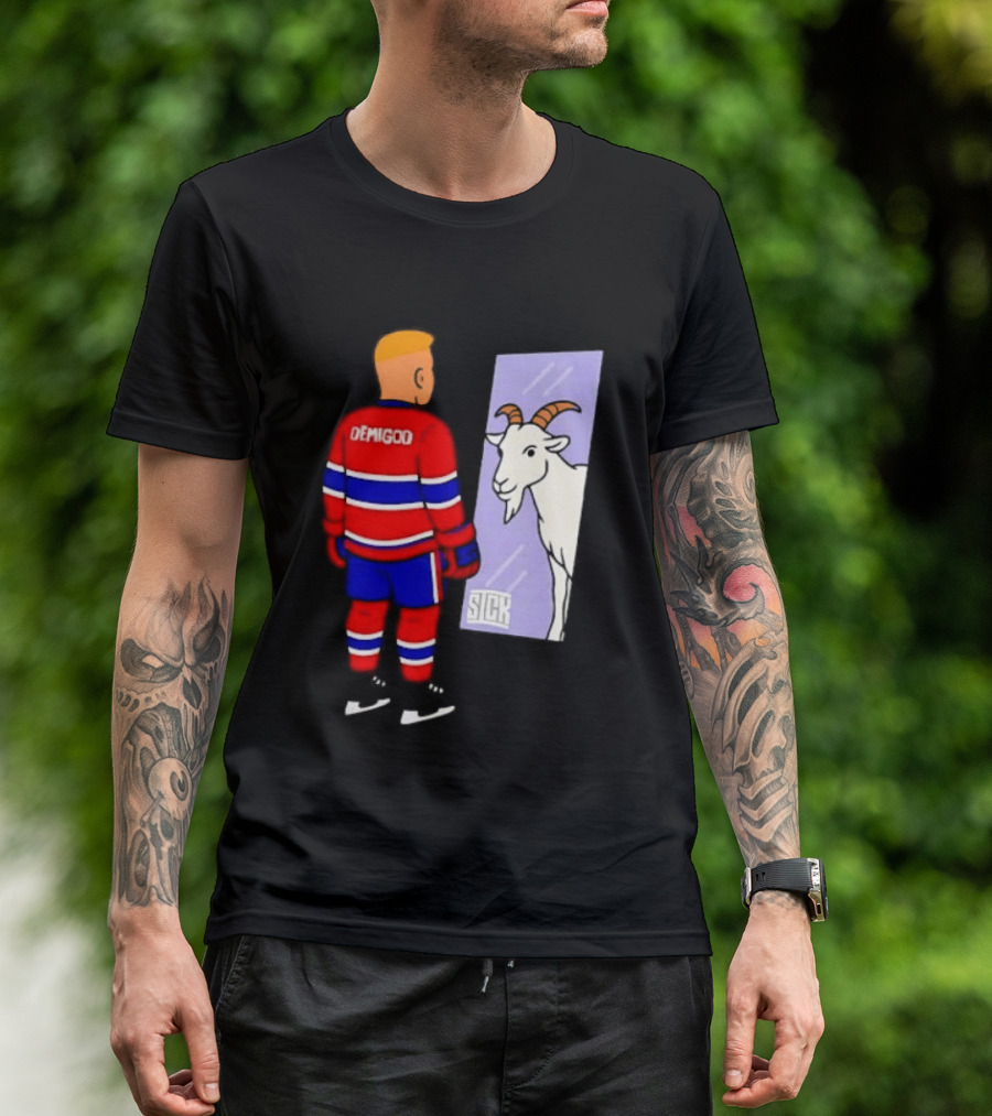 Demigod Hockey Player Looking In Mirror With Goat Reflection T-Shirt